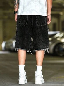 Manfinity Roughcore Men's Loose Fit Casual Straight Leg Denim Shorts With Pockets Punk Y2K Acid Washed Grey For Slim-Fit Party Gothic Men Shorts - Dark Grey - View 2
