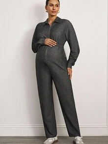 MaterniWear Maternity Grey Casual Solid Color Front Zipper Waist Elastic Band Pocket Jumpsuit  Business Casual Woman  Fall Women Clothes   Business Casual Woman  Beach  Gray  Chic Women's Jumpsuit