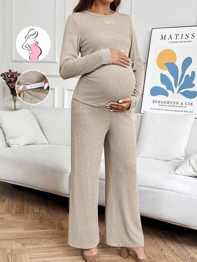 SHEIN 2pcs Set Maternity Casual Solid Color Long Sleeve Top And Pants