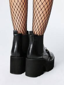 ROMWE Goth 哥特风格方头金属扣粗跟朋克靴，PU黑色高跟靴适合派对、日常穿着、晚礼服、增高修腿、万圣节 - 黑色 - 查看 5