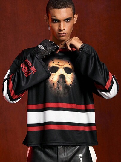 Friday the 13th X ROMWE Men's Loose Fit Short Crop Top Long Sleeve Sports T-Shirt , Fall