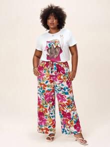 Comfylo Plus Size 2pcs Short Sleeve Bow Decor T-Shirt With Colorblock And Elastic Waist Loose-Fit Straight-Leg Allover Print Pants, For Summer,Holiday Outfits Boho Fall Clothes For Women Fall Outfits Women