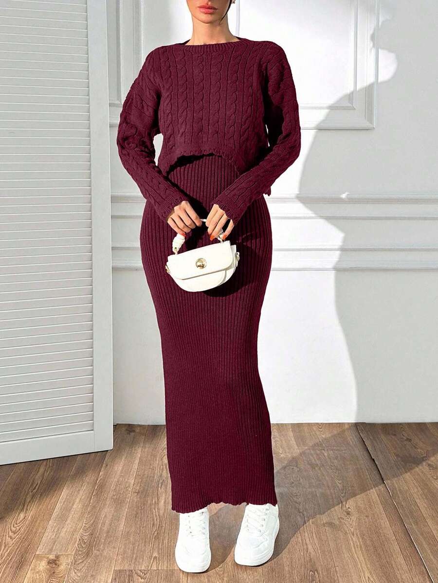 EURMUSE 女士优雅针织毛衣，带绞花图案和无袖合身针织连衣裙套装，秋季 - 酒紅色 - 查看 1