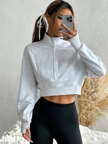SHEIN EZwear 女士休闲纯色立领短款运动衫 - 灰色 - 查看 1