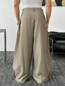 Manfinity BRENVOR Pantalones casuales de pierna ancha a rayas para hombres, para el otoño - Café integral - Ver 4