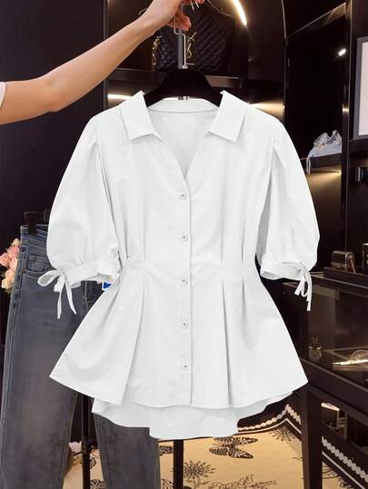 Flirla Plus Size Women's Solid Color Front Button Tie Casual Short Sleeve Top