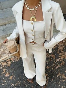 SHEIN EZwear 女士杏色休闲三件套西装套装，包含无袖上衣、夹克和裤子 - 杏色 - 查看 1