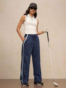 Activina 女士加厚字母刺绣侧条纹抽绳腰休闲运动裤 - 藍色 - 查看 5