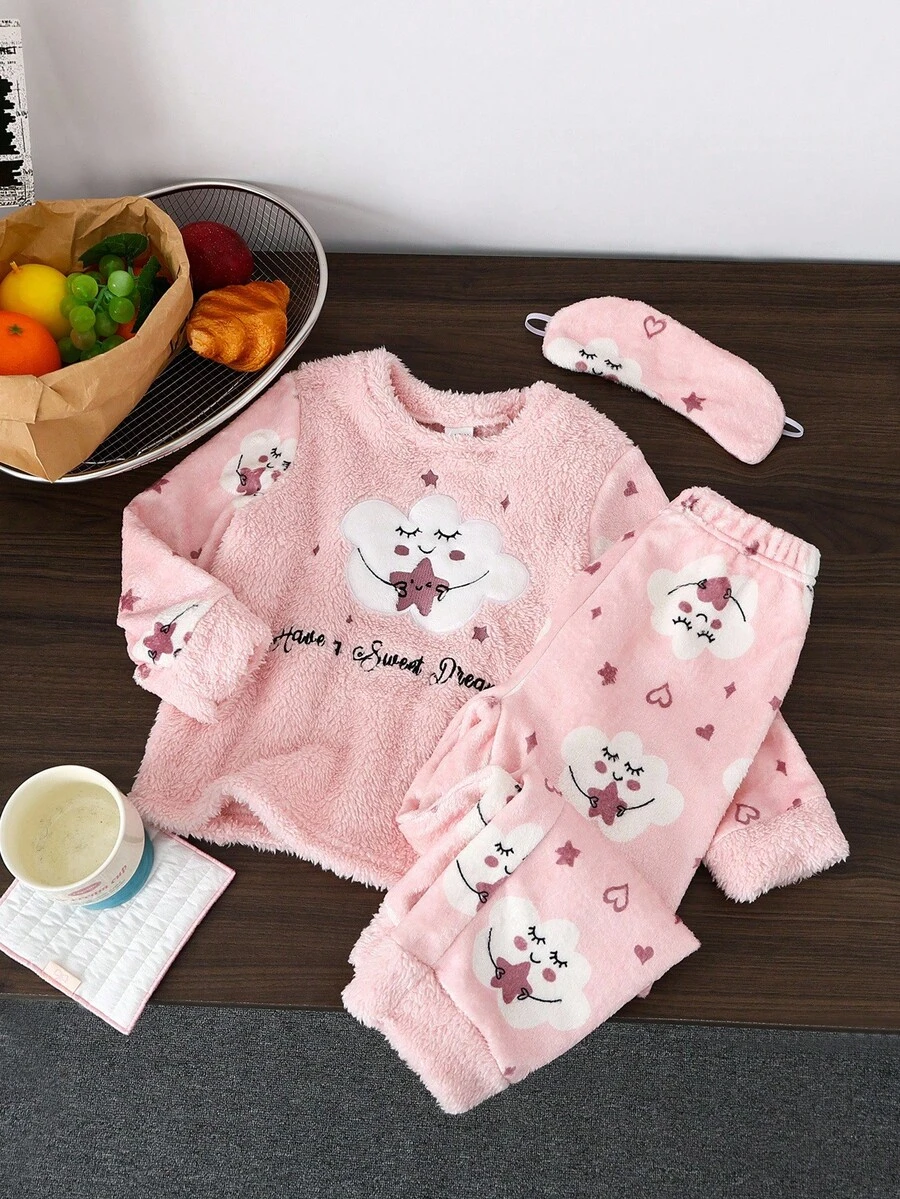 2件套少女白云字母刺绣袖拼布满印花云朵图案法兰绒加厚睡衣套装，可爱款，粉色，秋冬 - 粉色 - 查看 1