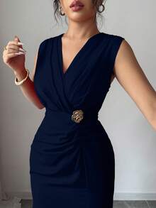 Rafferiza Women's Formal Dress, Slit Pleated Slimming Dress - Navy Blue - View 4