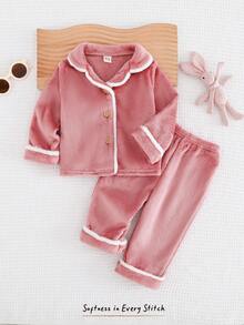 Cozy Pixies 2 件女婴秋冬撞色边翻领长袖开衫上衣和松紧腰直筒裤休闲家居服套装 - 藕粉色 - 查看 1