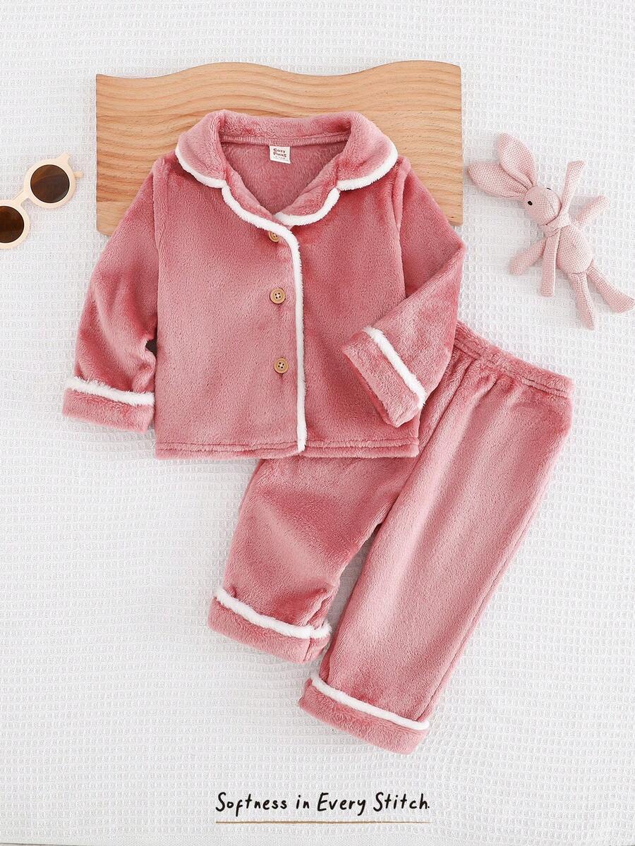 Cozy Pixies 2 件女婴秋冬撞色边翻领长袖开衫上衣和松紧腰直筒裤休闲家居服套装 - 藕粉色 - 查看 1