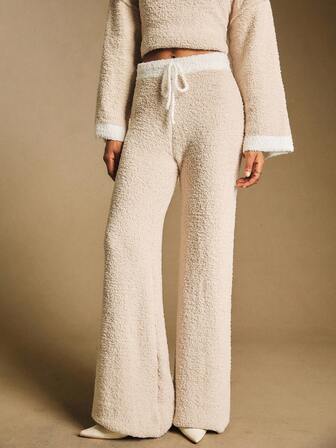 Poéselle Kontrastfärgade knutbyxor för kvinnor, casual tröja, mysigt höstlager, vintage stickat, neutrala stickade byxor, överdimensionerade, mjuk stickning, casual, nyår, eleganta kvinnor, höst/vinter