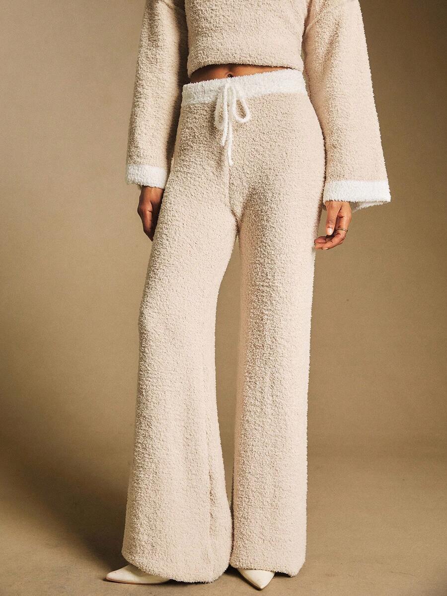 Poéselle Women's Contrast Color Trim Knot Casual Sweater Pants,Beige Autumn Lounge Soft Knit Oversized Neutral Vintage Knitwear,Elegant Cozy Fall Layer - Khaki - View 1