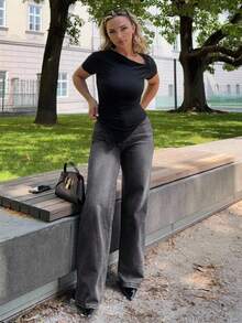 Jeta Ari 女士口袋宽松阔腿休闲百搭牛仔裤 - 黑色 - 查看 5