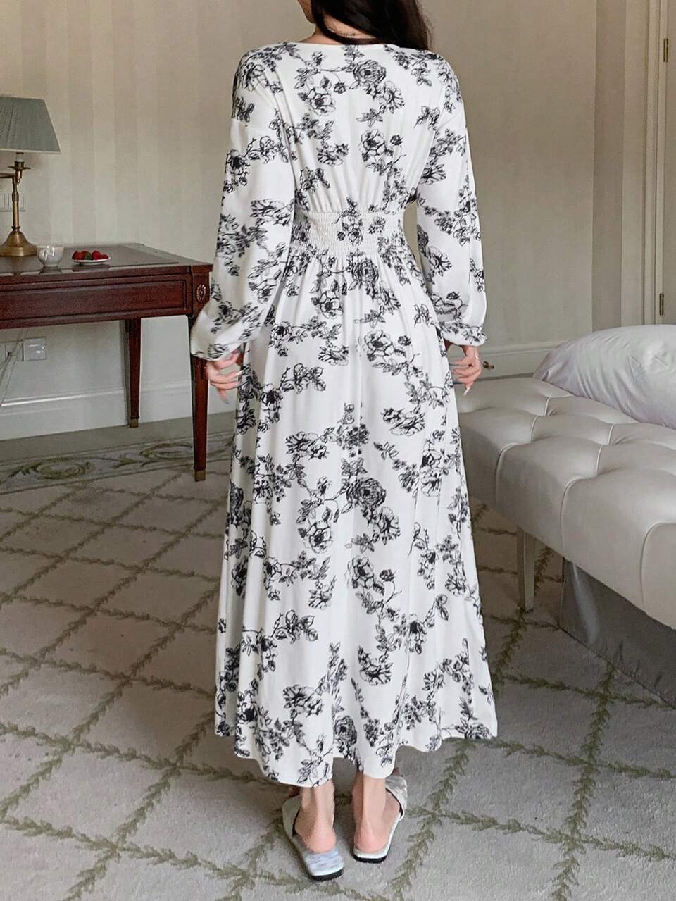 Floral Print Cinched Waist Long Women Nightgown, Fall Pajama