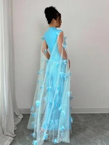 Rafferiza Women's Elegant Summer Light Blue Floral Mesh Mermaid Dress, Long Party Dress For Wedding Guest Dinner,Holiday Vacay Vibes Fall Outfits - Blue - View 2
