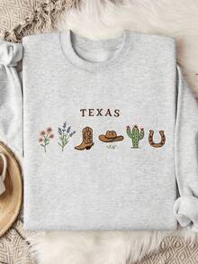 INAWLY Texas Bluebonnet State Embroidered Crew Neck Sweatshirt, Lone Star State, Women's Sweatshirt, Suitable For Fall And Winter, Embroidered Style, Embroidered Decoration, Now Fashionable T-Shirt, Beautiful Sweatshirt, Gift For Siblings, Gift For Sisters, Gift For Mom, Mother's Day Gift, Casual And Fashionable Top