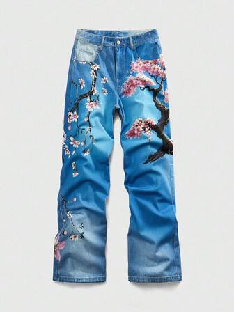 Anime Herren Lässig Loose Fit Jeans mit Baum-Muster und Tasche, weites Bein