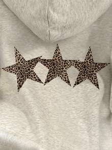 INAWLY Women's Leopard Print & Star Graphic Long Sleeve Casual Sweatshirt, Autumn, Christmas - Light Grey - View 5