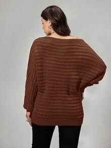 SHEIN LUNE 秋冬大码纯色露肩长袖套头衫 - 鏽棕色 - 查看 2