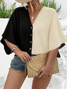 EMERY ROSE Plus Size Women's Black Elegant Summer Everyday V-Neck Raglan Sleeve Button Decor Beach Resort Jacquard Versatile Blouse With Design Details - Multicolor - View 6