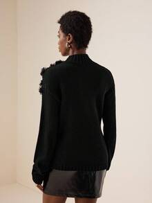 Vesra Women's Casual Solid Color Applique Drop Shoulder Sweater, Autumn/Winter - Black - View 7