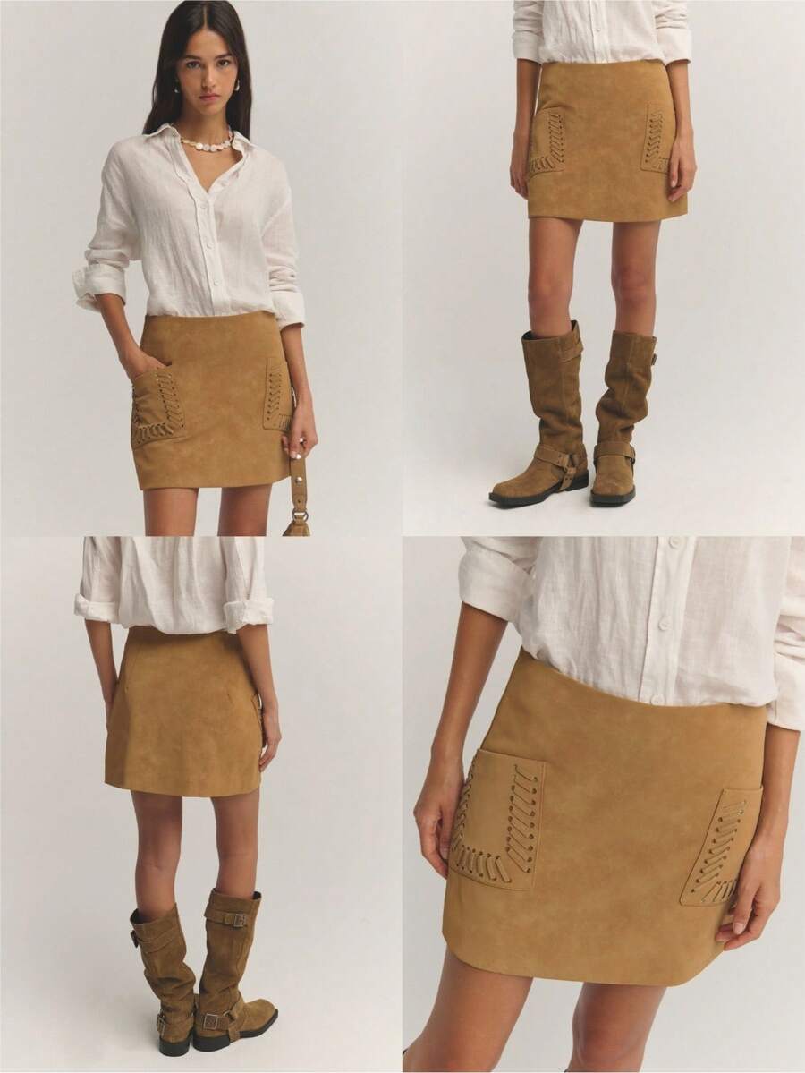 Nöista Women's Western Style Dual Pocket Casual Fashion Midi Skirt