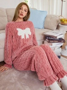 Softscene 女士提花抓绒拼接蝴蝶结长袖上衣和裤子毛绒柔软舒适蓬松睡衣套装，秋冬服装 - 粉色 - 查看 3