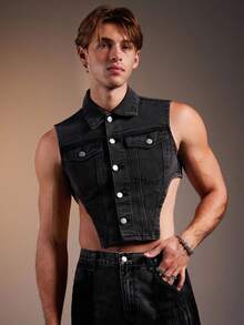 FeverCity Men's Fashionable Sexy Asymmetric Hem Sleeveless Denim Top, Summer