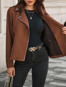 SHEIN Unity Chaqueta delgada y versátil con cuello de solapa para mujer - Café integral - Ver 7