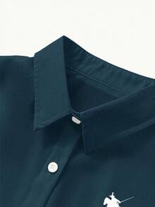 INAWLY Women's Equestrian Logo Casual Loose Long Sleeve Shirt - Navy Blue - View 5