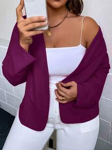 SHEIN Clasi Plus Solid Ruched Sleeve Jacket,Business Casual Woman Winter Fall Autumn - Red Violet - View 5