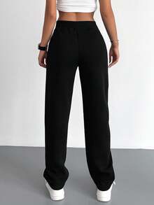 EURMUSE Cotton Solid Elastic Waist Straight Leg Sweatpants - Black - View 2