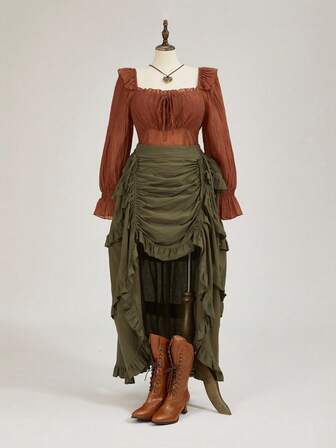 EDITION Plus Size Women Vintage Fairycore Asymmetrical Hem Drawstring Ruffle Hem Skirt