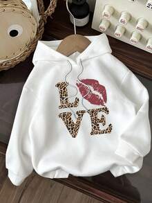 Attitoon Casual Vintage Style Retro Letter LOVE Leopard Lip Print Loose Fit Thick Hoodie Sweatshirt For Women, Suitable For Autumn/Winter, Vintage, Sexy, Cute, Y2K, Bohemian, Hippie, Music Festival, Punk, Y2K, Sexy, Goth,Fall