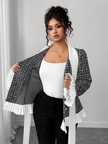 Elenzga Plus Size Women's Popular Short Jacket With Bow Collar, Color Block Design, Pleated Details, Autumn/Winter Fall - Multicolor - View 6