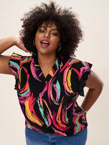 Comfylo SHEINLUNE 大码女式 V 领泼墨艺术效果飘逸袖衬衫 - 彩色 - 查看 7