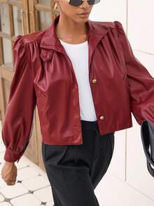Aveloria Modichic Asymmetrical Metal Buckle Wide Straight Silhouette PU Solid Color Commuter Chic Jacket - Red - View 4