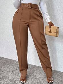 Zolique 女士休閒高腰束腰修身長褲，秋季 - 棕色 - 查看 6