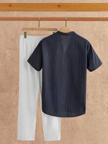 Mainfolk 2 件套男士休闲 V 领半拉链 Polo 衫和裤子套装，复古舒适服装 - 彩色 - 查看 2