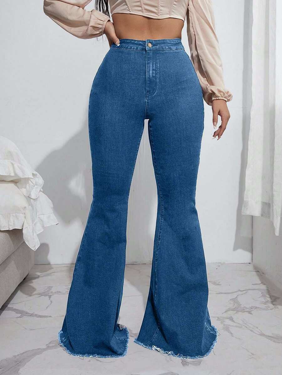 EURMUSE Calça jeans feminina cintura alta slim fit cor sólida casual versátil flared - Azul - Ver 1