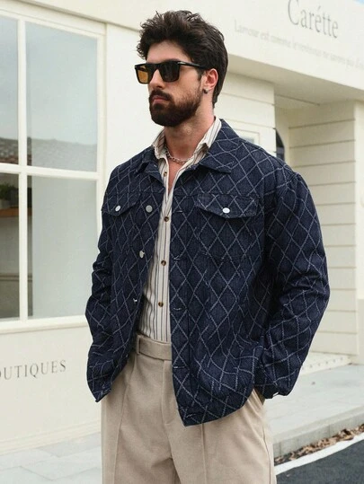 DAZY Autumn Textured Plaid Denim Fabric Men's Denim Jacket