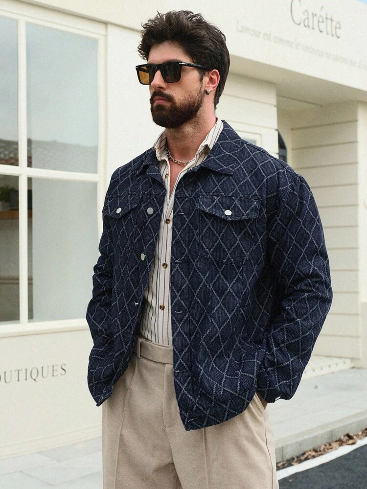 Autumn Textured Plaid Denim Fabric Men's Denim Jacket
