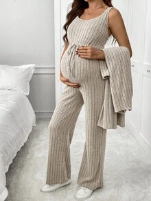 SHEIN 2pcs Maternity Ribbed Long Sleeve Cardigan And Drawstring Waist Jumpsuit Casual Set, Autumn - Apricot - View 6