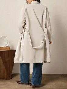 SHEIN LUNE 大码女式纯色翻领长袖系带休闲外套，秋冬外出外套，商务时尚冬装 - 杏色 - 查看 2