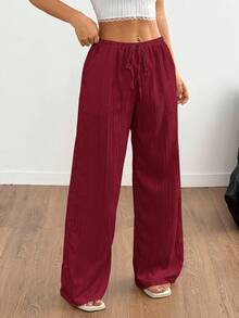SHEIN Tall 女式纯色休闲宽松裤，带口袋，纹理面料，腰带 - 酒紅色 - 查看 4