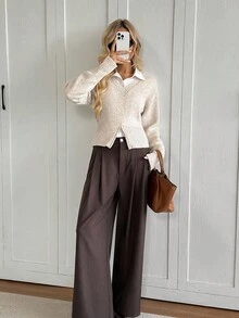 秋冬女士V领拉链下摆休闲套头衫 - 杏色 - 查看 4
