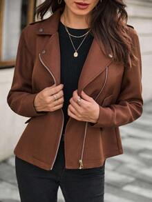 SHEIN Unity Chaqueta delgada y versátil con cuello de solapa para mujer - Café integral - Ver 5