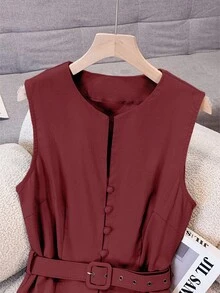 Franclia 女士休闲优雅无袖亚麻中长连衣裙（配腰带） - 酒紅色 - 查看 6